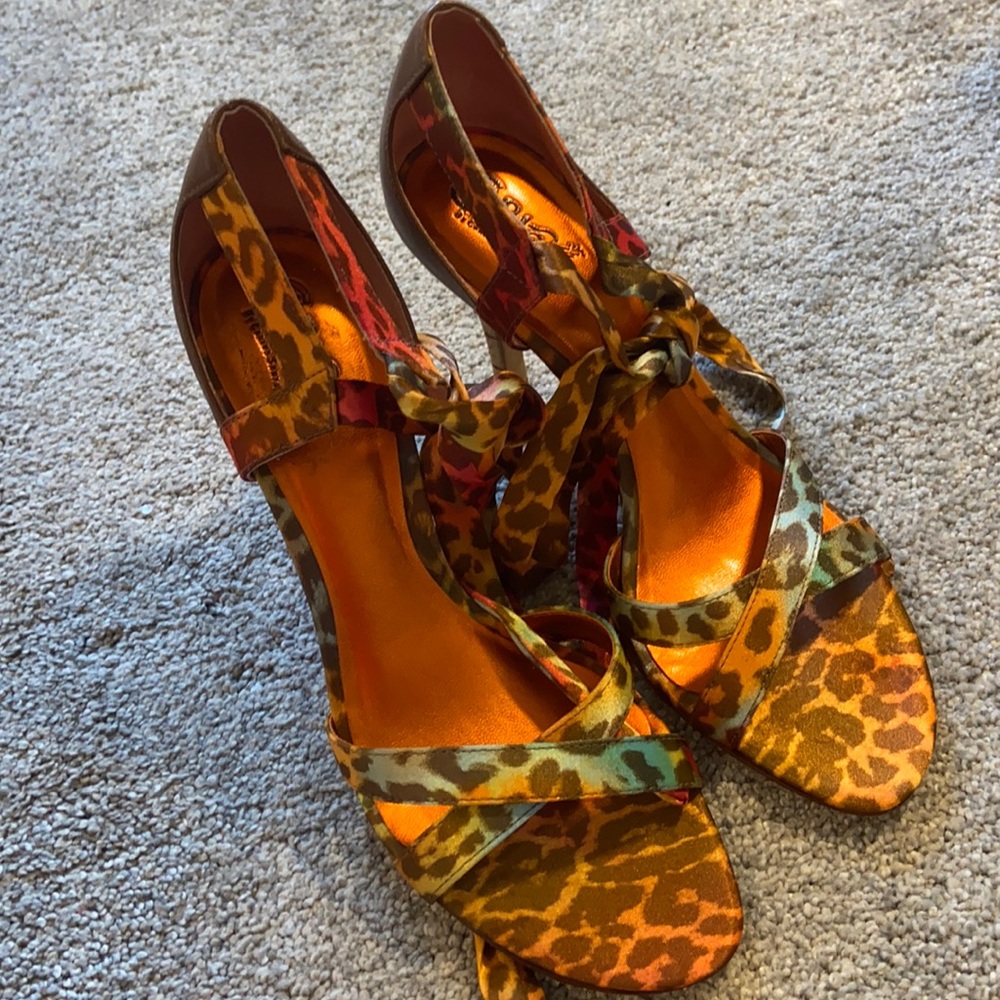 Carlos Santana Multicolor Leopard Print Satin Heels - Orange, Gold, Brown, Teal